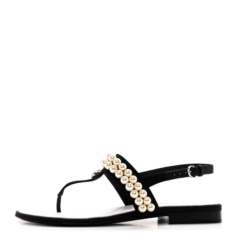Pearl Chanel Sandals 37 Black CC Crossgrain